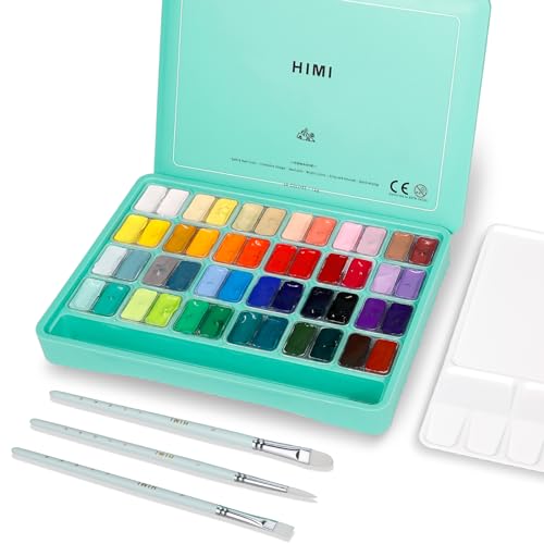 HIMI Gouache Paint Set, 48 Colors x 0.4oz, Twin Cup Jelly Design, bouns 3 Brushes & a Palette, Non-Toxic, Opaque Guache Paint for Canvas and Watercolor Paper - Perfect for Beginners, Students, Artists - color: 48 colors