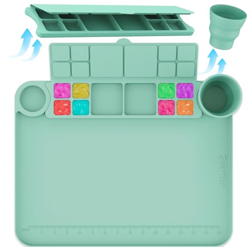 Svartur Silicone Painting Mat with Cup and Palette Detachable, 17"X13" Thick Silicone Craft Mat with Raised Edge for Artist, Painting Station Creator Mat, Green - color: Green