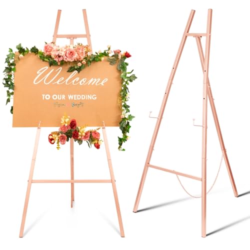 CroBlissful Rose Gold 50" Easel Stand for Wedding Sign 3 Tier Height Metal Display Easel with Adjustable Chain Heavy Duty Floor Display Stand Tripod for Painting Wedding Sign Party Poster - color: Rose Gold
