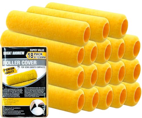 Great Andrew 18 PCS Paint Roller Covers 9 Inch, 3/8-Inch Nap Paint Roller Kit Dense Fibers for Painting Semi-Smooth Textured Surfaces Fit 9" Paint Roller Frame - size: 18pcs, 9", Yellow