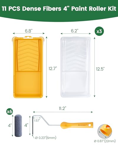 Voomey Foam Paint Roller, 4 Inch Mini Flock Foam Cover Kit, Small Paint Rollers with Tray and Roller Frame for Doors, Trims & Cupboards - size: 4 Inch Mini Flock Foam Paint Roller Kit 11 Pack