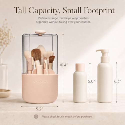 EACHY Makeup Brush Holder with Lid, 360° Rotating Vanity Organizer for Brushes, Dustproof Cosmetic Display Case, 7 Compartments, Waterproof Plastic (Pink) - color: Pink