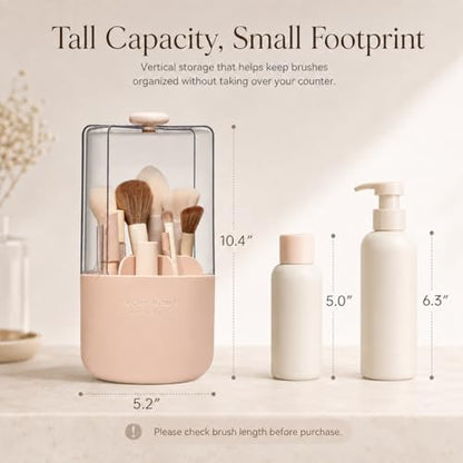 EACHY Makeup Brush Holder with Lid, 360° Rotating Vanity Organizer for Brushes, Dustproof Cosmetic Display Case, 7 Compartments, Waterproof Plastic (Pink) - color: Pink