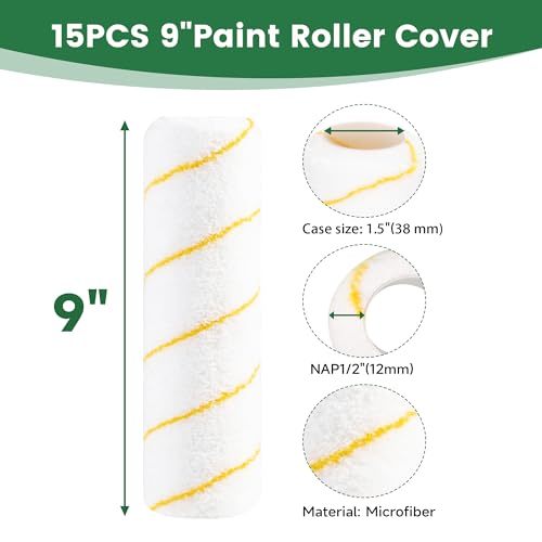 VOOMEY Paint Roller Covers, Microfiber Paint Roller 9 Inch, 3/8 Nap Roller 9 Inch,Pack of15, Paint Supplies for Painting Walls - size: 9 inch 15pcs