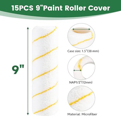 VOOMEY Paint Roller Covers, Microfiber Paint Roller 9 Inch, 3/8 Nap Roller 9 Inch,Pack of15, Paint Supplies for Painting Walls - size: 9 inch 15pcs
