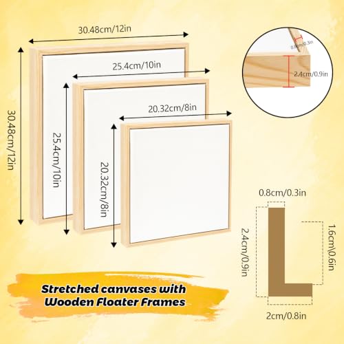 3 Pack Floater Frame Canvas with 8x8, 10x10, 12x12 Canvas – Gallery Wrapped Canvas Set with Cotton-Linen Blend (400 GSM), 15 oz Acid-Free, Warp Resistant, Ready to Hang for Oil & Acrylic - size: 3pk-3Size Canvas