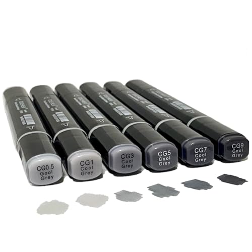 Arhomet 6 Pack Grey Gray Alcohol Markers, Double Tipped Soft Fine Tips and Brush Art Marker (Grey) - color: Grey