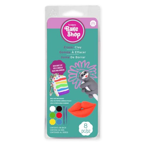 Polyform Sculpey Bake Shop Eraser Polymer Oven Bake Clay, 6 unique color set, becomes real erasers after baking, 1 modeling tool, Great for creating holiday, DIY projects, jewelry and school projects. - size: (Pack of 1)