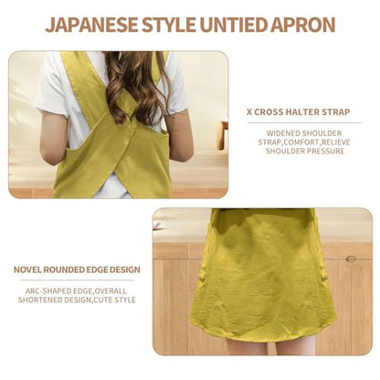 Shortened Design Apron, Japanese Style Soft Cotton Linen Apron with Two Side Pockets, X Cross Halter Aprons, Kitchen Cooking Clothes Gift for Women DIY Project, Crafting, Cooking, Baking(Yellow) - color: Yellow, style: 1# Style-rounded Edge