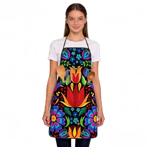 Mexican Floral Aprons, Waterproof Adjustable Apron for Kitchen Bbq with 2 Pockets, Gifts for Women Men - color: Colorful Mexican Floral and Bird