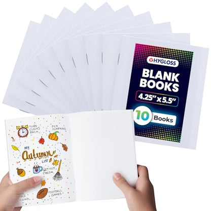 Hygloss Blank Books - Bulk 10 Pack – 4.25" x 5.5" A6 White Paperback Blank Books for Kids to Write Stories, Doodle, Arts & Crafts – Plain Drawing Sketchbook, Unlined Journal, Notebook Without Lines - color: White, style: 10 Books