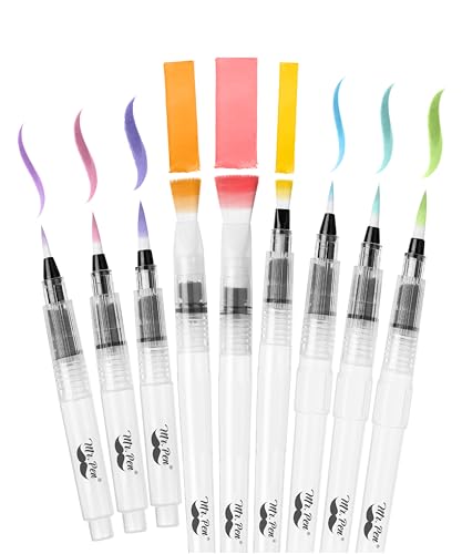 Mr. Pen- Watercolor Brush Pens, 9 pcs | 6 x Point Tips and 3 x Flat Tips Styles, Nylon Bristles, Refillable Watercolor Pens for Acrylic, Gouache, Crayons