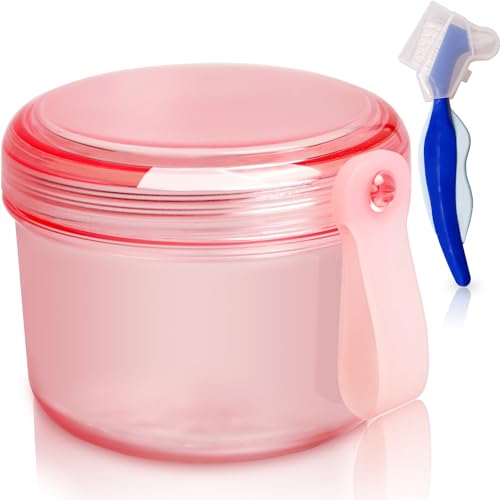 Leak Proof Denture Cups Bath, Dishwasher safe, Denture Case for Soaking Full & Partial Dentures, Retainers, with Hard Denture Cleaner Brush & Denture Brush Cover (Transparent Rouge) - color: transparent rouge