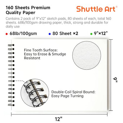 Shuttle Art Drawing Kit and Sketch Pad Bundle, Set of 116 Pack Complete Drawing Kit +160 Sheets Sketch Pad