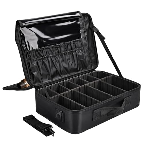 Professional Makeup Train Case with Brush Holder, Large Makeup Travel Bag Organizer, Portable Cosmetic Carry Case 3 Layer Makeup Artist Storage Box with Adjustable Dividers and Shoulder Strap, Black - color: Black, size: Large