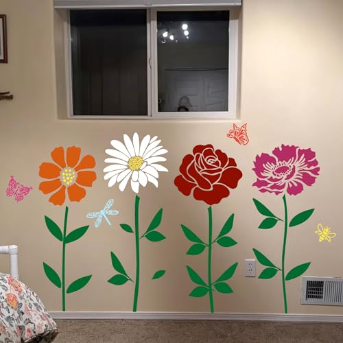 Large Flower Stencils for Painting on Wood 11.8” Fence Flower Stencils for Outdoors Reusable Floral Stencil for Painting on Wall Canvas Fabric Furniture Window - style: Flowers