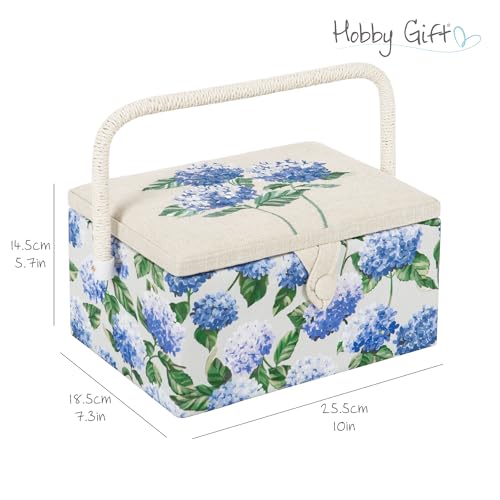 Hobby Gift Medium Sewing Box Organiser, Fabric Covered Storage Box with Handle, Internal Tray, Pin Cushion and Pocket for Sewing, Quilting and Knitting Supplies - color: Blue Hydrangea