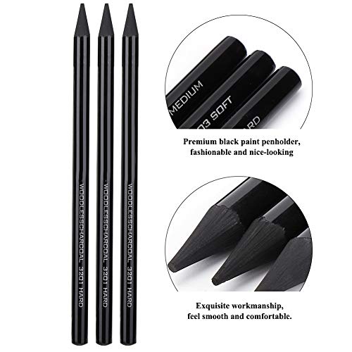 Pssopp 3Pcs Woodless Charcoals Pencils, Charcoal Drawing Bar Sticks Sketch Pencils Artist Art Drawing Sketching Painting Tools Stationery For Students Adults Artist and Beginner
