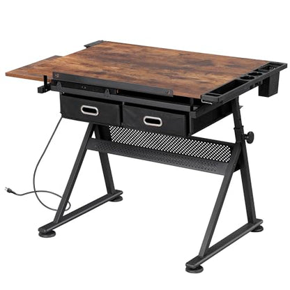 ZENY Adjustable Drafting Table with Stool, Tilting Drawing Desk Artist Table with Storage Drawers, Art Craft Workstation for Home Office Reading, Writing, Crafting - color: Retro-with Outlet