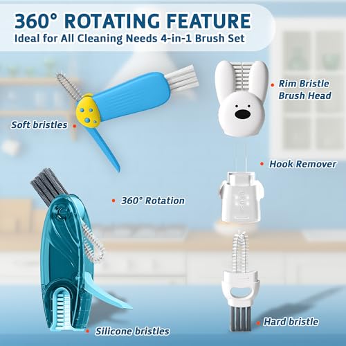 Cup Lid Cleaning Brush, Multifunctional Set with 3 in 1 Lid Cleaner and Two 4 in 1 Cup Lid Cleaning Brushes, Cleaning Brush Tool for Bottles, Straws, Tumblers, Travel Mug Caps, Portable Kit (Blue) - color: Blue