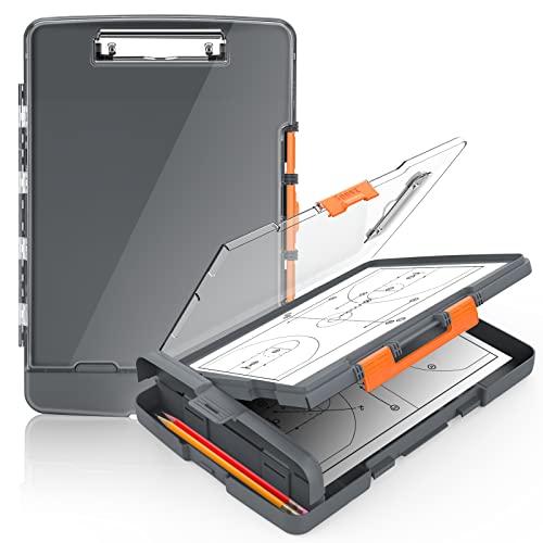 Sooez Original Clipboard with 2 Storage & Pen Holder, Heavy Duty Clip Boards 8.5x11 with Dual Storage, Clearview Dry Erase Coach Clipboard with Real Hinge, High Capacity, School & Office Supplies - color: Gray + Orange