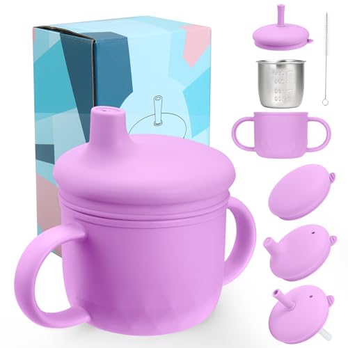 Mity rain 3-In-1 Stainless Steel Sippy Cup for 6+ Month Old, Baby Straw Cups for Toddlers 1-3 with Travel Lid, Silicone Straw, Replacement Straw & Cleaning Brush - 8oz Toddler Cups Spill Proof Set - color: Purple