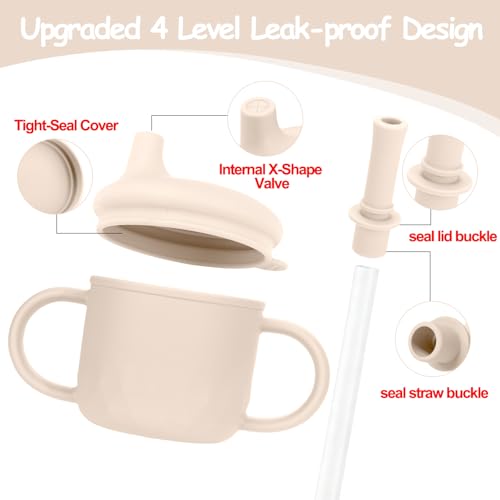Mity rain 3-In-1 Stainless Steel Sippy Cup for 6+ Month Old, Baby Straw Cups for Toddlers 1-3 with Travel Lid, Silicone Straw, Replacement Straw & Cleaning Brush - 8oz Toddler Cups Spill Proof Set - color: Beige