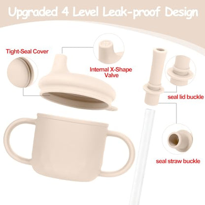 Mity rain 3-In-1 Stainless Steel Sippy Cup for 6+ Month Old, Baby Straw Cups for Toddlers 1-3 with Travel Lid, Silicone Straw, Replacement Straw & Cleaning Brush - 8oz Toddler Cups Spill Proof Set - color: Beige