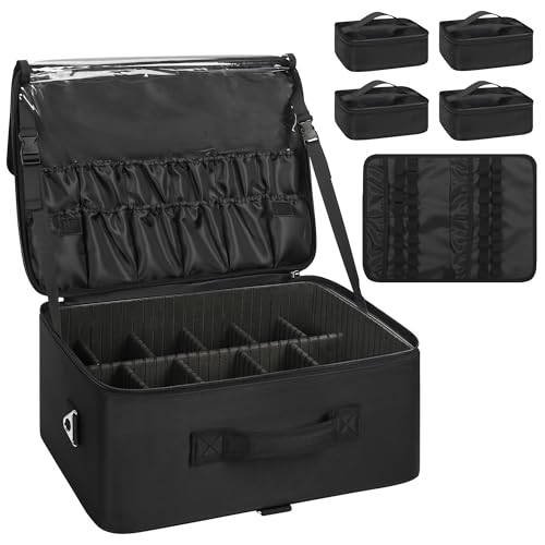 Relavel Extra Large Cosmetic Case, Travel Makeup Bag with 4 Clear Pouches & Lipstick Plate, Portable Cosmetic Case Storage Organizer Box for Makeup Artists with Shoulder Strap & Adjustable Dividers - color: Black with 4 Clear Pouches, size: Extra Large