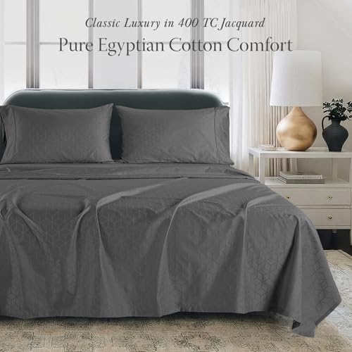 Threadmill Queen Bed Linen Set, 400 Thread Count Egyptian Cotton, Deep Pocket, Cooling Damask Jacquard, Dark Grey, 4 Piece Set - color: Dark Grey Cadence, size: Queen
