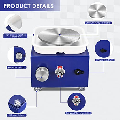Mini Pottery Wheel Machine for Adults & Beginners, 2 Turntables (3.94" & 2.56") | 0-2000 RPM Adjustable Speed Pottery Machine Removable Splash Tray Ceramic Making Kit Includes 8 Sculpting Tools - color: Blue