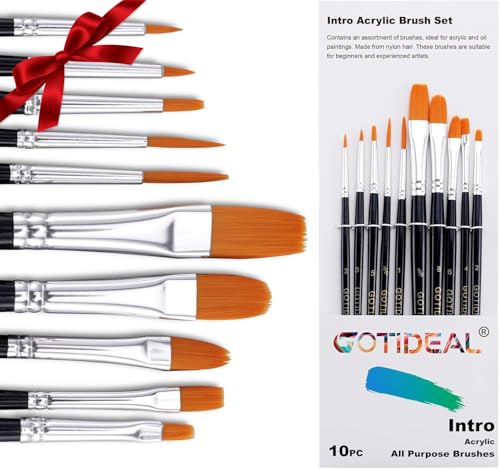 GOTIDEAL Paint Brushes,Acrylic Paint Brushes,10 Pcs Round Pointed Tip, Small Nylon Hair Brushes for Acrylic, Oil and Gouache，Body, Face Nail Art and Rock Painting, Perfect for Kids & Adult