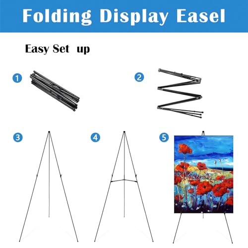 Falling in Art Display Easel Stand, 63" Instant Adjustable Poster Easel, Easy Folding Portable Tripod Stand for Signs, Posters, Wedding, Holds 5 lbs (3 Pack) - style: Black 3-Pack