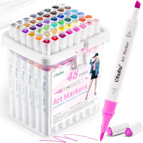 Ohuhu Markers: 48-Color Double Tipped Brush & Chisel Alcohol Markers for Adults Coloring Illustration, Alcohol-based Art Marker Set with Unique Designed Grip, Great Value Pack for Beginners - color: Illustration Tones, size: 1 Count (Pack of 48)