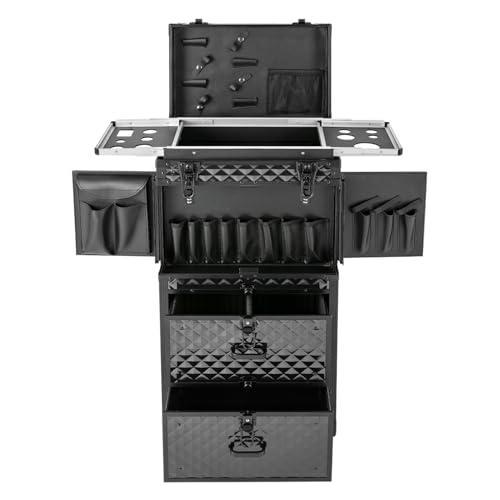Lockable Makeup Train Case,33.07lbs Rolling Hairdressing Trolley,Beauty Salon Cosmetic Luggage with Universal Wheels for Hair Stylist,Make-up Artists (Black 3) - color: Black 3