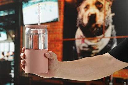 Sunseeke Glass Tumbler with Straw and Lid, 16oz Ice Coffee Cup, Silicone Sleeve Cleaning Brushes, Drinking Glasses for Water, Iced Coffee, Smoothie -BPA Free -3Pack - color: Sandy Beige, White, Black