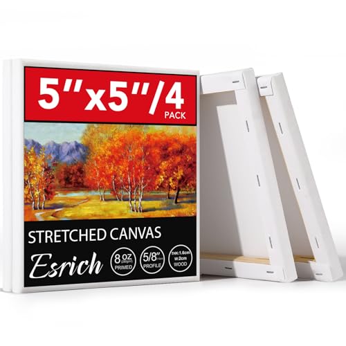 ESRICH 4 Pack Mini Canvases for Painting 5x5In, 5/8''Profile Small Square Canvases, Primed Cotton Small Stretched Canvas for Kids' Painting Supplies Such as Painting Parties,School&Home Decor Projects - size: 5x5in