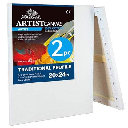 PHOENIX 20x24 Inch 2 Pack Artist Canvas - Large Stretched Canvases for Painting - 3/4 Inch Profile, 100% Cotton 11 Oz. Gesso Primed White Blank Professional Canvas Oil & Acrylic Paints - size: 20"x24", style: Traditional