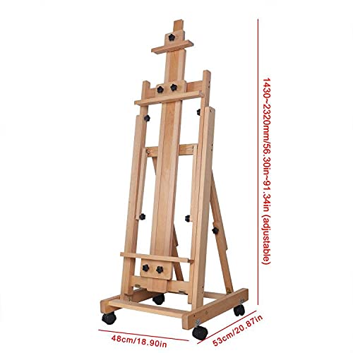 Painting Easel Log-Color Wooden H-Frame Art Easel with 4 Locking Wheels Heavy Duty Movable Art Painting Easel Large Adjustable Studio Easel, Holds Canvas Art Up to 91.34 inch High