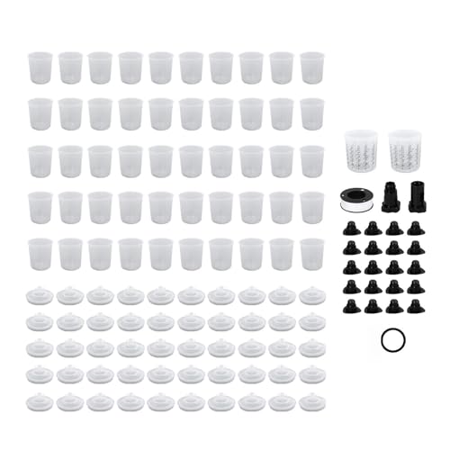 CHICIRIS Disposable Paint Cup Kit 600ml 20 Ounce, with 50 Inner Cups 50 Lid Covers 2 Outer Cups Seal Ring 20 Sealing Plugs 2 Spray Gun Adapters PTFE Tape Mixing Stick, for Automotive