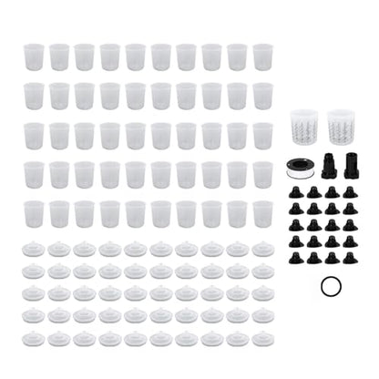 CHICIRIS Disposable Paint Cup Kit 600ml 20 Ounce, with 50 Inner Cups 50 Lid Covers 2 Outer Cups Seal Ring 20 Sealing Plugs 2 Spray Gun Adapters PTFE Tape Mixing Stick, for Automotive
