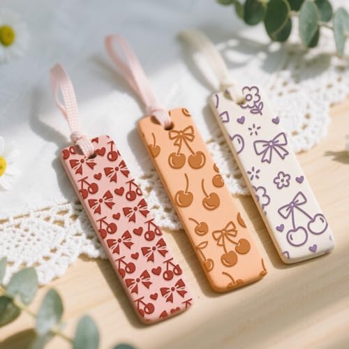 4 Sheets Bow Clay Texture Mat Cherry Pattern Polymer Clay Texture Sheets Valentine's Day DIY Tools for Pottery Earring Jewelry Making Stamp Engraving Machines, 3.9x2.6inch - style: Cherry Pattern