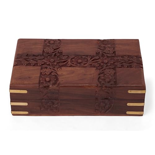GURU JEE Beautiful Wooden Hand Carving Design Jewellery Box Keepsake Storage Organizer Multipurpose Treasure Chest Trinket Holder for Women - color: PATTI_8X5