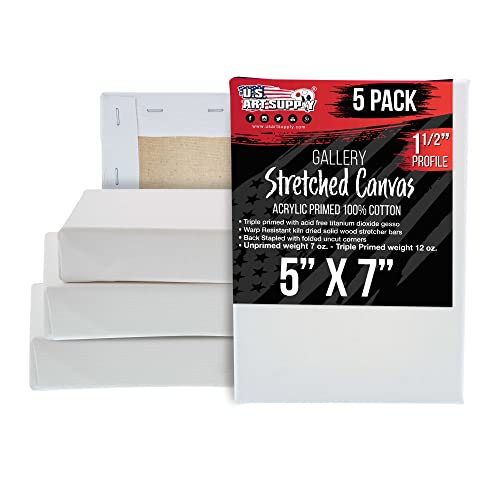 U.S. Art Supply 5 x 7 inch Gallery Depth 1-1/2" Profile Stretched Canvas, 5-Pack - 12-Ounce Acrylic Gesso Triple Primed, Professional Artist Quality, 100% Cotton - Acrylic Pouring, Oil Painting - size: 5" x 5"