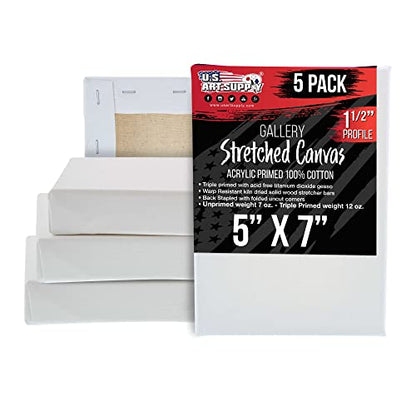 U.S. Art Supply 5 x 7 inch Gallery Depth 1-1/2" Profile Stretched Canvas, 5-Pack - 12-Ounce Acrylic Gesso Triple Primed, Professional Artist Quality, 100% Cotton - Acrylic Pouring, Oil Painting - size: 5" x 5"