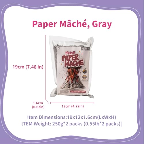 Modoh Paper Mache Clay, Just Add Water – 2 Pack (500g Total), Easy Sculpting Paper Mache Powder for Volcano Projects, School Crafts, DIY Sculpture, Fast Drying, Paintable, Non-Toxic Craft Material - color: Gray