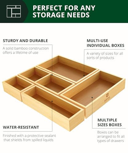 ROYAL CRAFT WOOD 5-Piece Bamboo Drawer Organizer Set – Multi-Use Storage Trays for Kitchen, Bathroom, Office, Makeup, Jewelry & More – Junk Drawer Tray, Utensil Holder, Storage Box & Bin Set (5 Boxes)