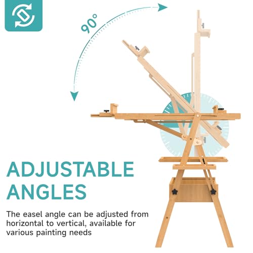 Solid Beech Wood H-Frame Easel, Large Painting Easel with Storage Box and Palette, Professional Foldable Studio Art Easel Stand with Signature Box for Adults, Holds Canvas Art up to 48"