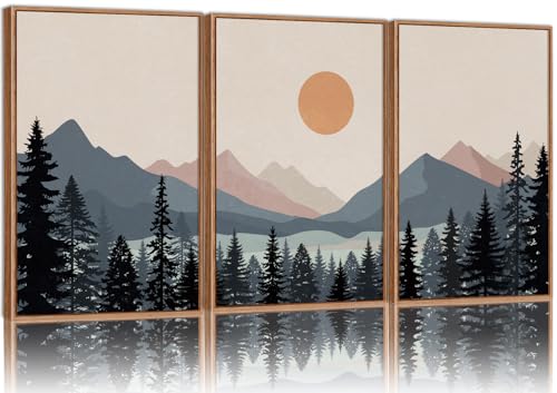 Tinonedraw Boho Mountain Framed Canvas Wall Art Set of 3, Watercolor Nature Landscape Art Prints, Modern Sunrise Art Paintings, Black Pines Tree Forest Wall Decor for Living Room Bedroom Office 16"x24"x3 - color: Boho Mountain, size: 24L" x 16W"