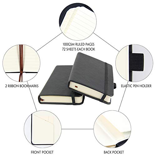 newestor (2-Pack Pocket Notebook 3.5" x 5.5", Small Hardcover Journal with Pen Holder, Inner Pockets, 100gsm Thick Ruled/Lined Paper, Black